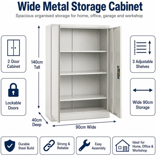 Moderna Steel Storage Cabinet Lockable 2 Doors 3 Shelves Grey 140cm