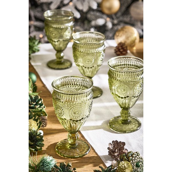 Dibor Set of 4 Palmas Green Mandala Embossed Wine Goblets 300ml - Christmas Table Glassware Gift | Size: 4 Pack