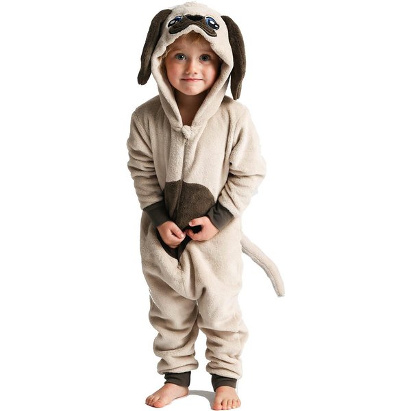 Wunsy Super Soft Fleece Pug Puppy Dog With Tail Onesie in Beige | Size: 10-11 Years