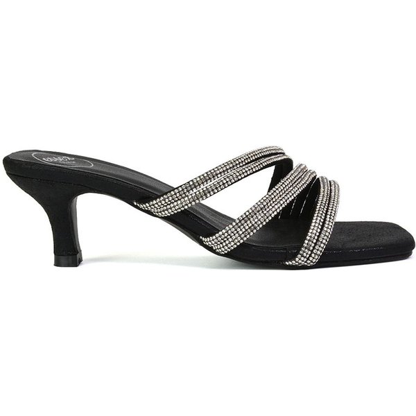 XY London Women's 'Jennie' Square Toe Diamante Sparkly Gem Crystal Sandal Heeled Mules in Black | Size: 4