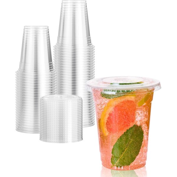 ECONX 100 x 12oz Smoothie Cups with Flat Lids Strong Clear Plastic Cups | Size: 100 Pieces
