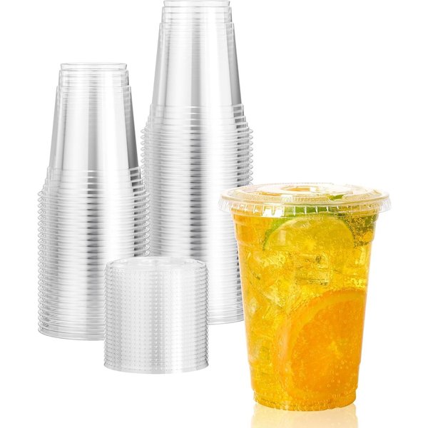 ECONX 100 x 16oz Smoothie Cups with Flat Lids Strong Clear Plastic Cups | Size: 100 Pieces