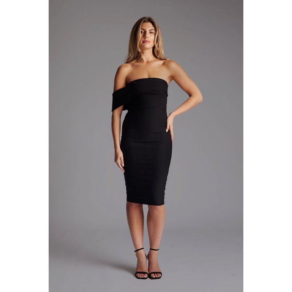 Vesper Women's Bardot Bodycon Midi Dress in Black | Size: 6