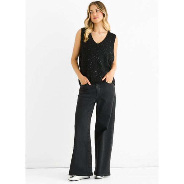 Gini London Women's Black Sequin V Neck Vest Knit Jumper