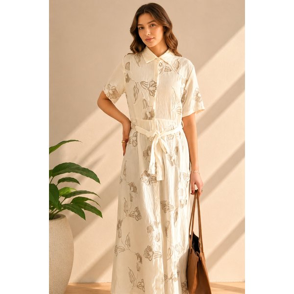 Zafosh Women's Embroidered Floral Button Front Belted Maxi Shirt Dress in White | Size: Medium