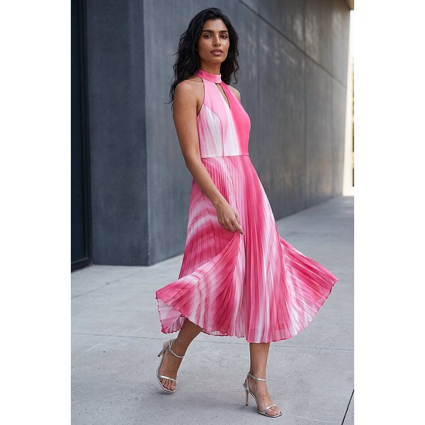 Roman Women's Ombre Stripe Pleated Midi Dress in Pink | Size: 12