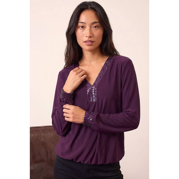 Roman Petite Sequin Trim Blouson Top in Plum