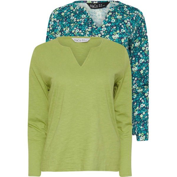 Evans Women's 2 Pack Cotton Notch Neck T-Shirts in Green | Size: 12