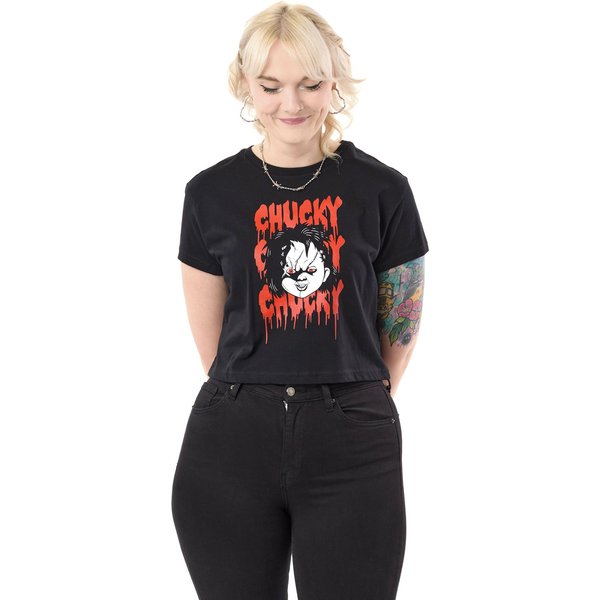 Chucky Women's Adult Cropped Short Sleeved T-Shirt (Black) in Black | Size: 2XL