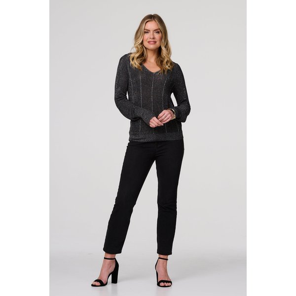 Izabel London Women's Metallic Stripe Detail Fitted Top in Black | Size: 12