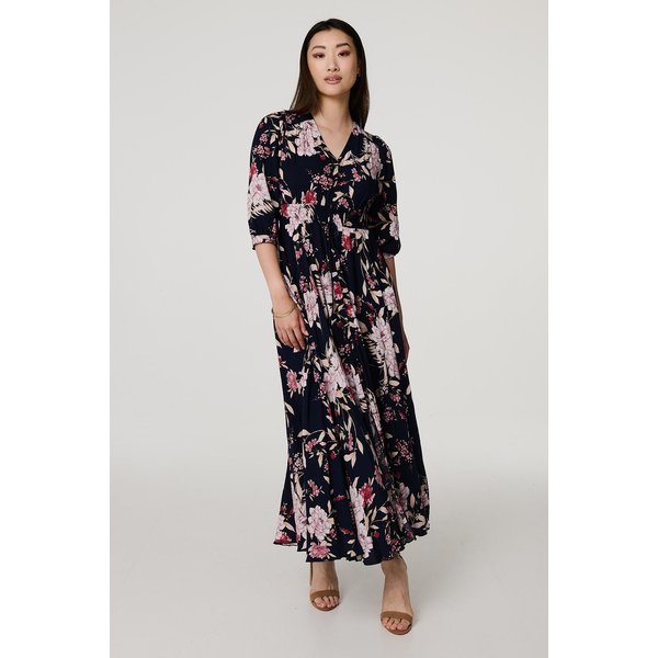 Izabel London Women's Floral 3/4 Sleeve A-Line Maxi Dress in Blue | Size: 10