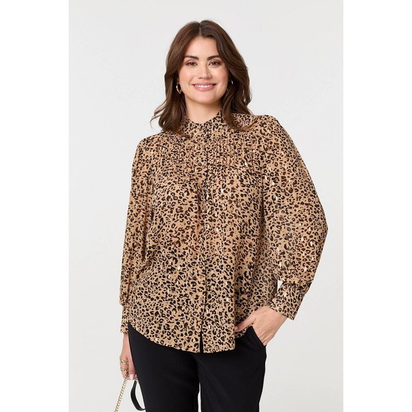 Izabel London Women's Animal Print High Neck Loose Fit Blouse in Beige | Size: 8