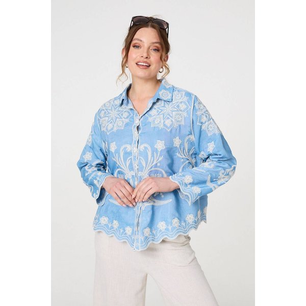 Izabel London Women's Embroidered Texture Scalloped Hem Shirt in Blue | Size: S/M