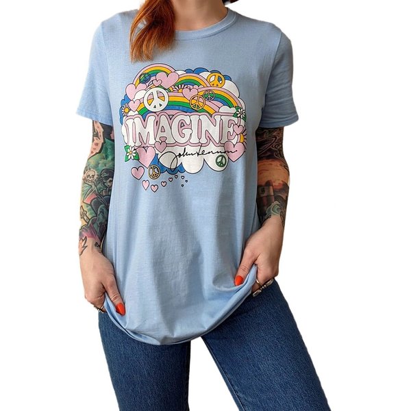 John Lennon Women's Rainbows, Love & Peace Cotton T-Shirt in Light Blue | Size: Medium