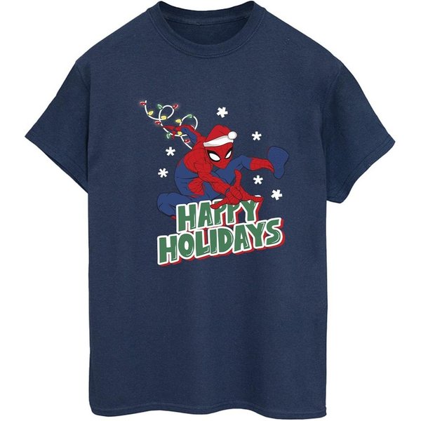 Spider-Man Women's Happy Holidays Cotton Boyfriend T-Shirt in Navy | Size: Small
