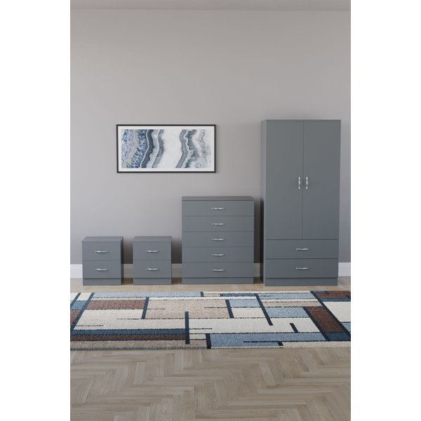 Home Discount Vida Designs Riano 4Pc Bedroom Set 2 Drawer Bedside, 5 Drawer Chest in Grey