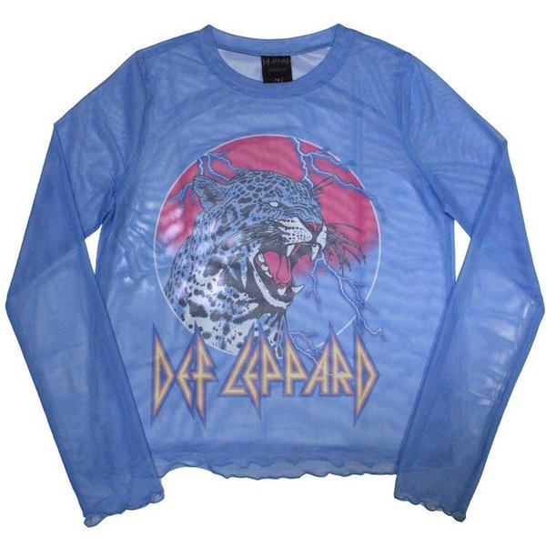 Def Leppard Women's Lightning Leopard Mesh Long-Sleeved Crop Top in Blue | Size: XL