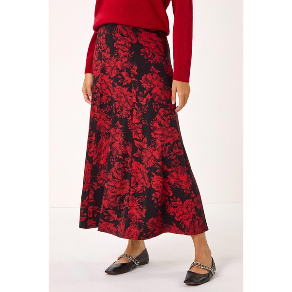 Roman Women's Rose Print A-Line Midi Skirt in Red | Size: 12