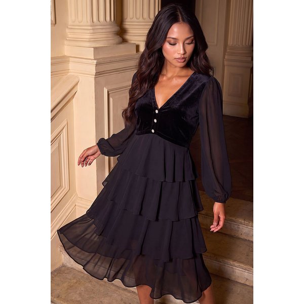 Roman Women's Petite Velvet Tiered Midi Stretch Dress in Black | Size: 8