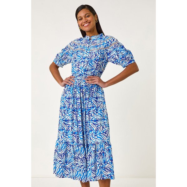 Roman Women's Abstract Print Lace Trim Midi Dress in Blue | Size: 18