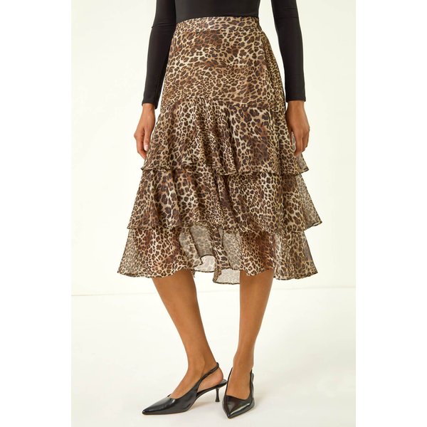 Roman Women's Animal Print Ruffled Skirt in Natural | Size: 14