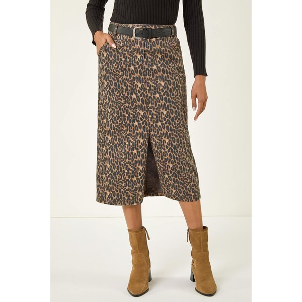 Roman Women's Animal Print Stretch Midi Skirt in Brown | Size: 20