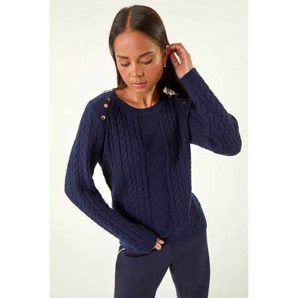 Roman Women's Petite Button Cable Knit Jumper in Navy | Size: 16