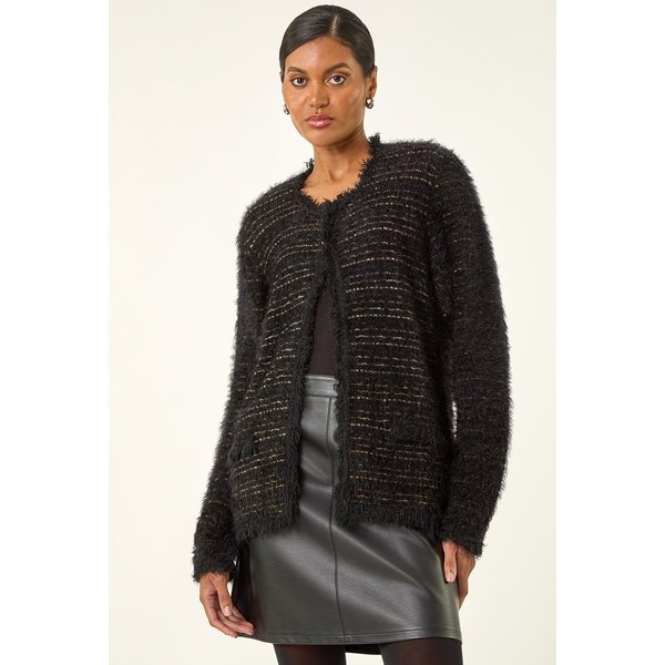 Roman Fluffy Textured Knit Cardigan - Black