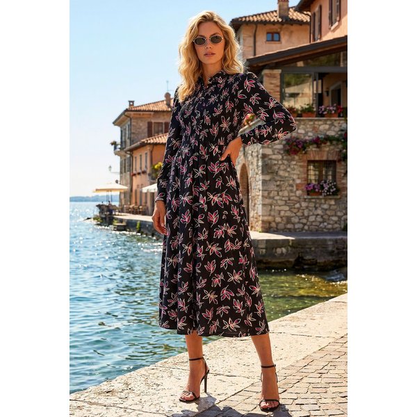 Roman Women's Leaf Print Midi Shirt Dress in Black | Size: 18