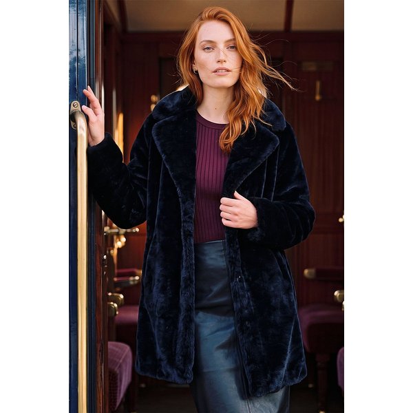 Roman Women's Faux Fur Longline Coat in Black | Size: 10