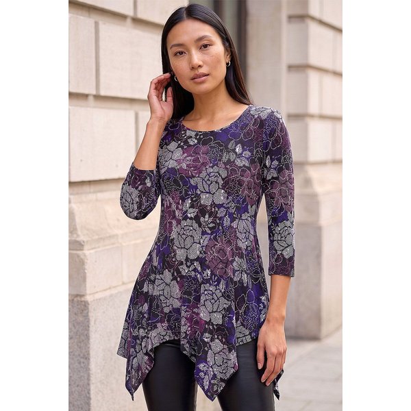 Roman Women's Floral Puff Print Hanky Hem Top