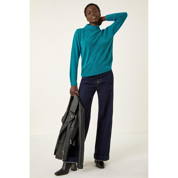 Roman Women's Cable Knit Pearl Jumper in Teal | Size: 20