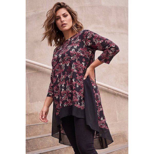 Roman Curve Floral High Low Chiffon Top in Pink