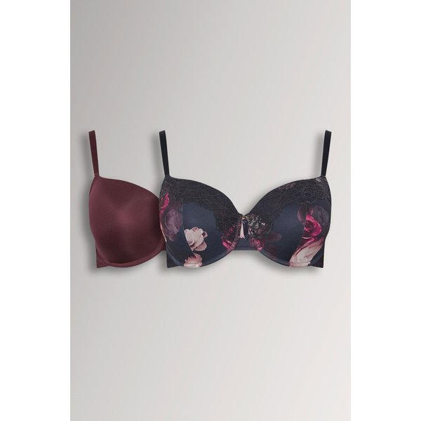 Yours Women's 2 Pack Floral Print T-Shirt Bras in Dark Navy | Size: 40F
