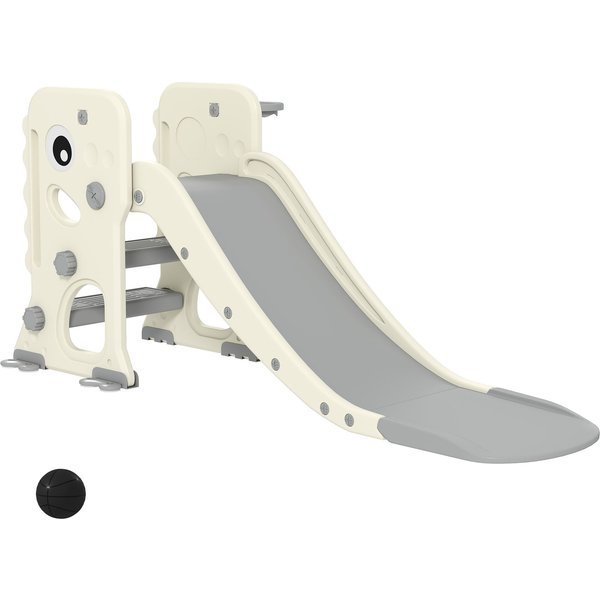 AIYAPLAY Foldable Kids Slide with Climber, Basketball Hoop, Cream White