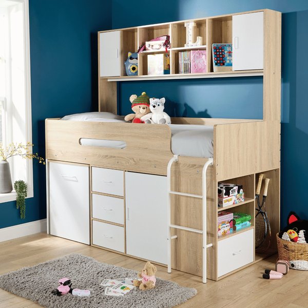 Home Source Cabin Loft Single Bed Overhead Integrated Storage Shelves Hidden Desk, White