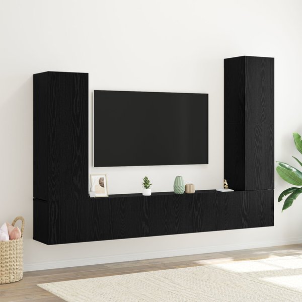 4 Piece TV Cabinet Set Wall-mounted Black Oak Engineered Wood