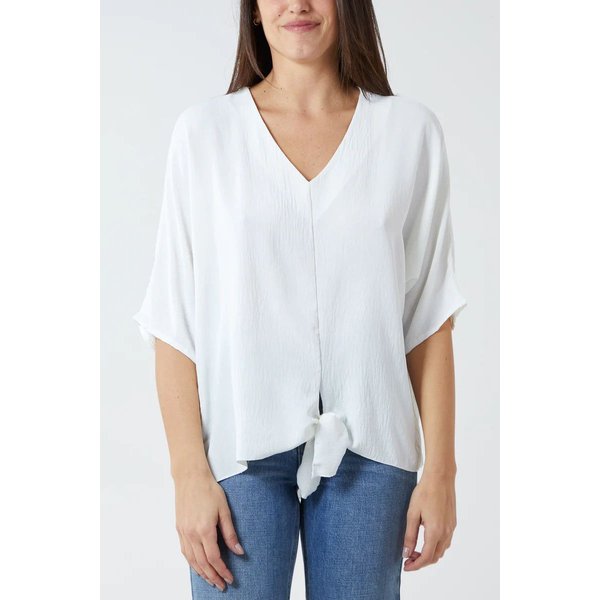 HOXTON GAL Women's Oversized V Neck Tie Detailed Top with 3/4 Sleeves in White