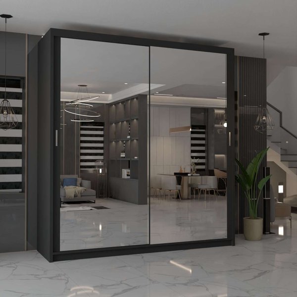 MN Furniture Cuba Sliding Mirror Wardrobe - LED Light 120cm x 217cm in Black | Size: 120 cm x 217 cm