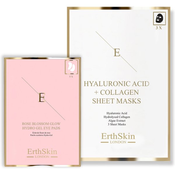 Erth Skin London Women's Glow-Enhancing Combo Hyaluronic Acid & Collagen Mask - 3 Sheets + Rose Blossom Glow Hydro-Gel Eye Pads 5 x 2 in White