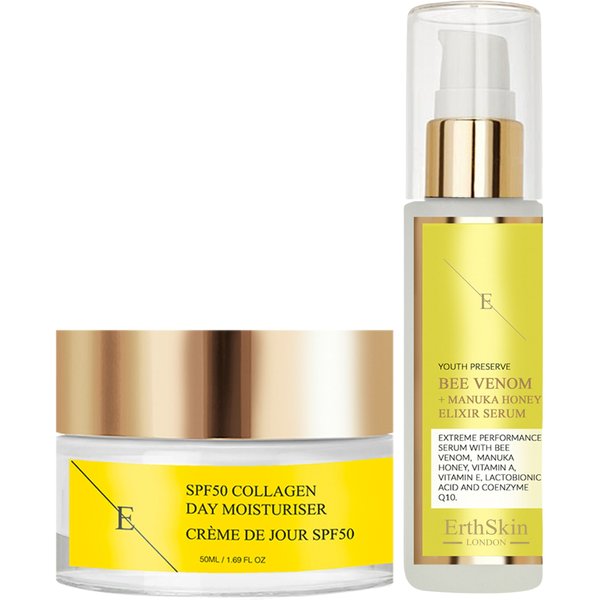 Erth Skin London Women's Age-Defying Power Duo Bee Venom & Manuka Honey Elixir Serum 60ml + SPF 50 Collagen Day Cream 50ml in White
