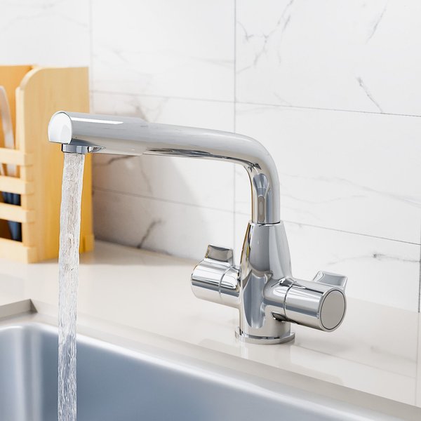 Nes Home Cascade Chrome Twin Handle Swivel Spout Kitchen Mixer Tap, Silver