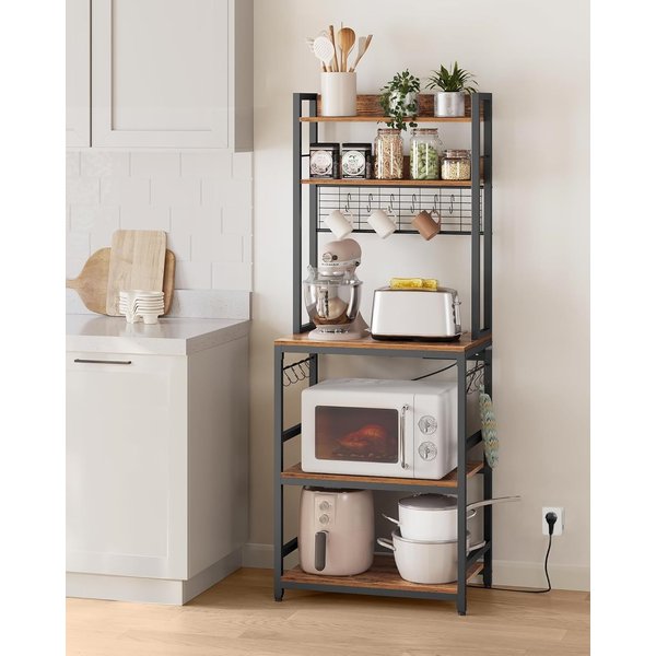 The Bazaarist Compact Kitchen Rack with Power Outlet & Hooks in Dark Brown