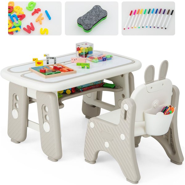 Costway Drawing Table & Chair Set Graffiti Toddlers Art Activity Table & Chair with Flip Top Tabletop in Grey
