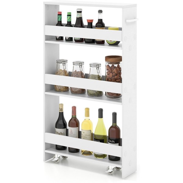 Costway 4 Tier Slim Storage Cart Narrow Rolling Kitchen Serving Cart w/ Open Shelves in White