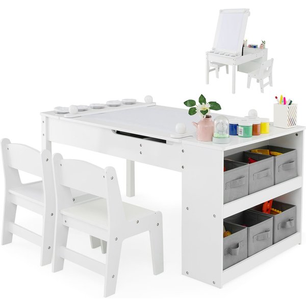 Costway 2 in 1 Art Table & Easel Set Toddler Play Activity Drawing Desk with Chairs in White