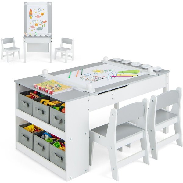 Gymax 2-in-1 Art Table & Art Easel Set With Chairs & Lift-up Tabletop in Grey