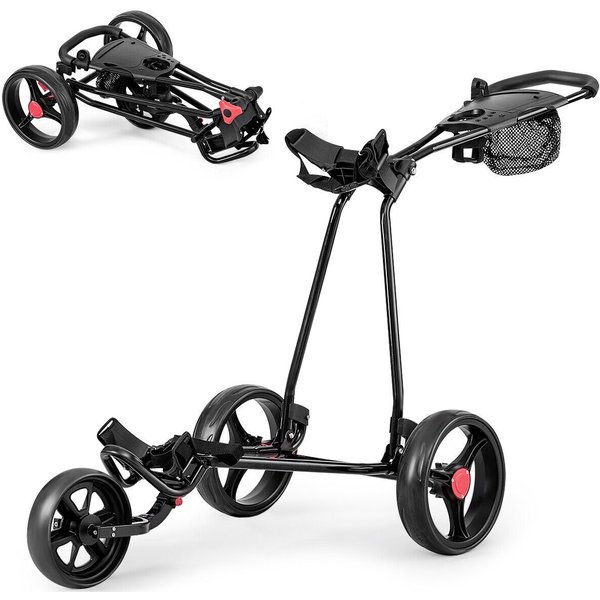 Gymax 3 Wheels Golf Push Cart Folding Golf Bag Holder Golf Pull Trolley in Black