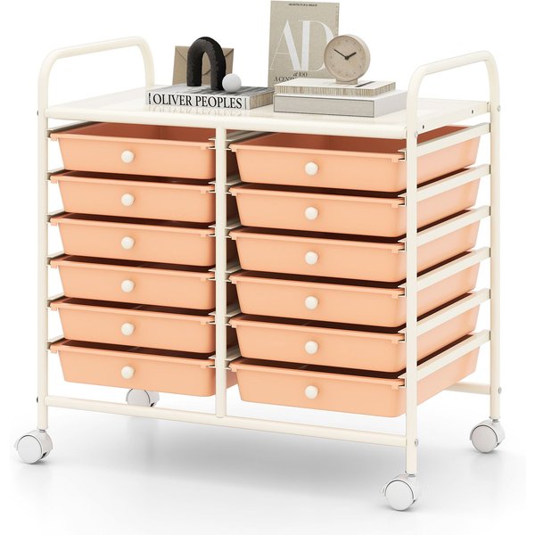 Gymax 12 Drawers Multi-Purpose Utility Cart Storage Rolling Cart With Handles in Peach