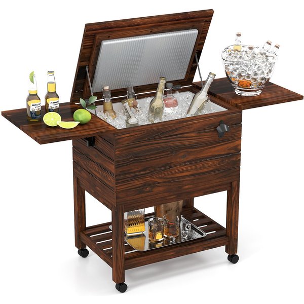 Costway Rolling Wooden Patio Cooler Cart 51L Outdoor Ice Chest Cooler Cart in Brown
